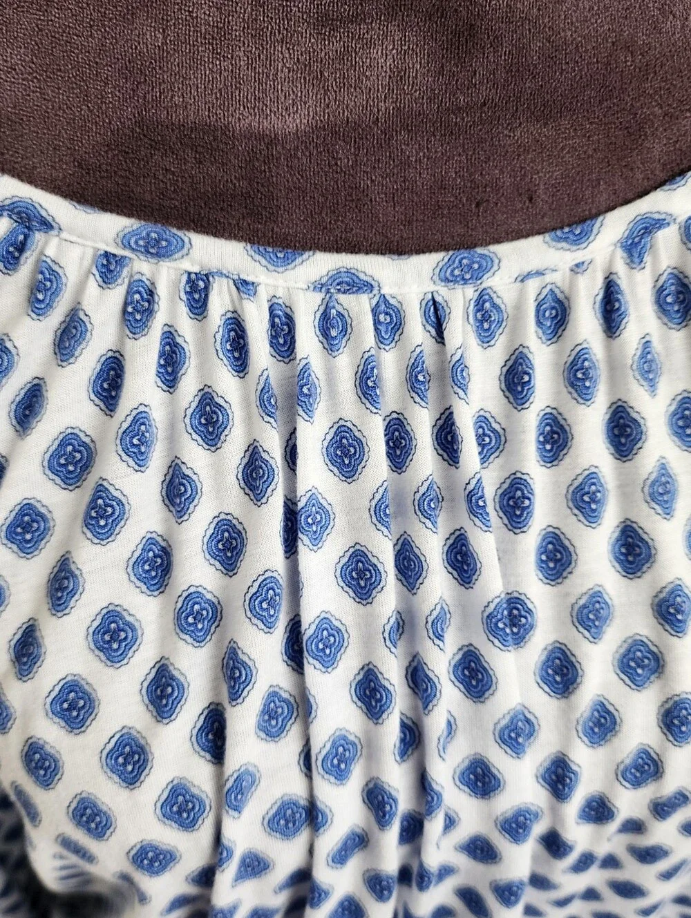 Michael Kors Peasant Blouse Blue White Geometric Print Scoop Neck Relaxed Boho M